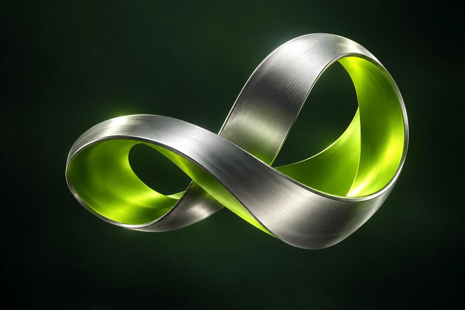 A sculptural silver ribbon with a lime green inner surface